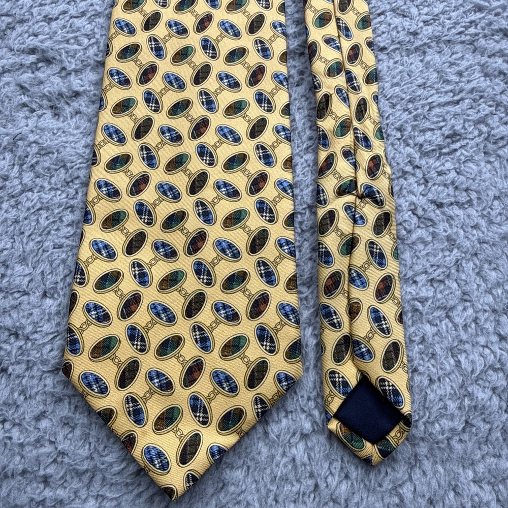Brooks Brothers Makers All Silk Necktie Yellow Cufflink Plaid Pattern USA Made